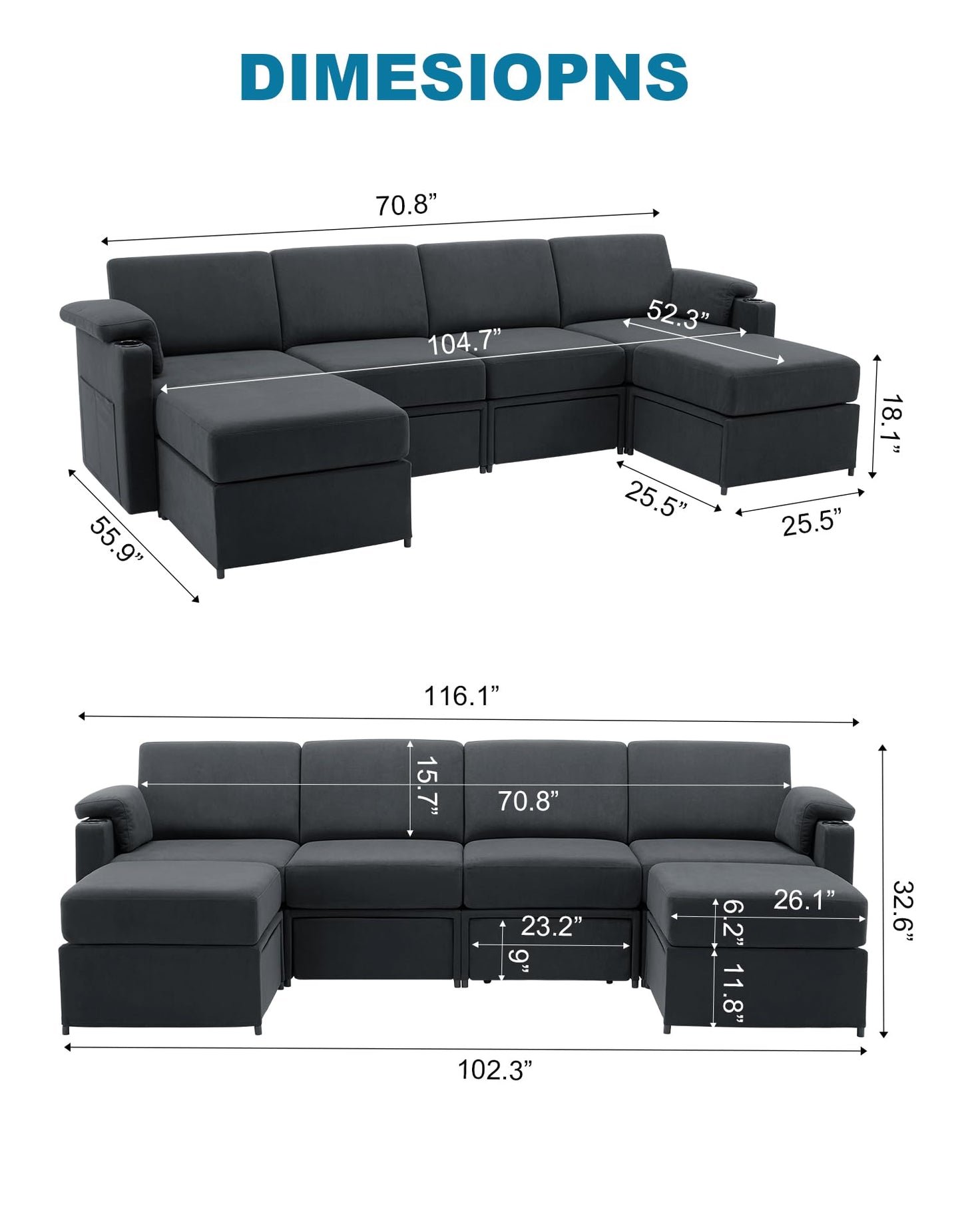 Modular Sectional Sofa Couch Over 20 Shaped with Drawer Storage L Shaped Couchs U Shaped Reversible Chaise Padded Armrests Washable Cover Cup Holder (Grey, U1 Shaped) - HOMYHOMEY DIRECT