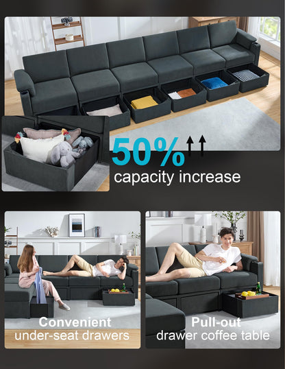 Modular Sectional Sofa Couch Over 20 Shaped with Drawer Storage L Shaped Couchs U Shaped Reversible Chaise Padded Armrests Washable Cover Cup Holder (Grey, U1 Shaped) - HOMYHOMEY DIRECT